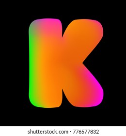 Vector colorful curvy liquid letter k on black Bubble shapes layout design neon colours bright shiny colorfull bold letter k with gradient pink green and orange colors