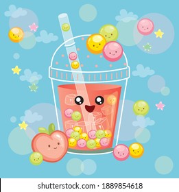 vector colorful cute boba peach tea