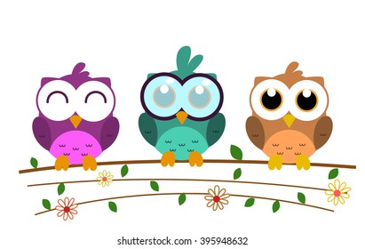 vector colorful cute cartoon owl with big eyes and branch, flower, and leaf art