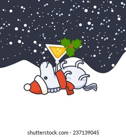 Vector colorful cute christmas card with snow and stars. Drunk horse.