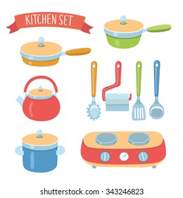 Vector colorful cute collection of  illustration of kitchen  accessories, cookware set and portable stove on isolated background