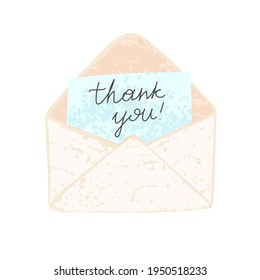 Vektorfarbige, süße Illustration eines offenen Umschlags mit einem Stapel Papier, auf dem geschrieben ist danke, einzeln auf weiß. Für Postkarten, Banner, T-Shirt-Druck, Einladung, Grußkarte, Poster