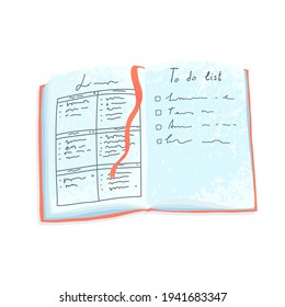 Vector colorful cute illustration of a paper diary isolated on white background. To do list. Daily planner, glider concept, reminder event