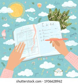 Vector colorful cute illustration of the woman hand fills out a paper diary, makes plans for work online at home. To do list. Daily planner, glider concept, reminder event