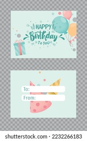 Vektorfarbenfrohe kleine Glückwunsch Geburtstagskarte mit leerem Platz für bis zu Namenstext. Unterschreiben Sie die Etikettenkarte für eine Geschenkbox mit Text, der Geburtstag für Sie glücklich ist. Druckvorlage