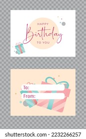 Vector colorful cute small happy birthday greeting card with empty space for to from names text. Sign label card for a gift box with text happy birthday to you. Printable template