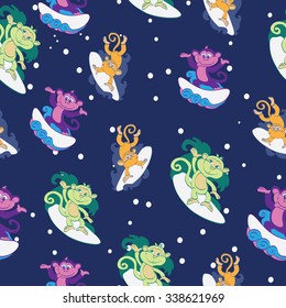Vector Colorful Cute Surfing Monkeys Seamless Pattern. Surfboard Wave Chimp