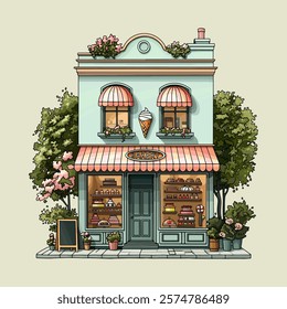 Vector colorful cute two story bakery house with shop windows, cakes, and pastries. Vector illustration