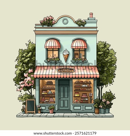 Vector colorful cute two story bakery house with shop windows, cakes, and pastries