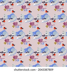 Vector of colorful with cute white fox and birds and colorful twigs.Christmas vector background.Decorative wallpaper.For postcards, packaging, wallpaper, textiles, stickers 