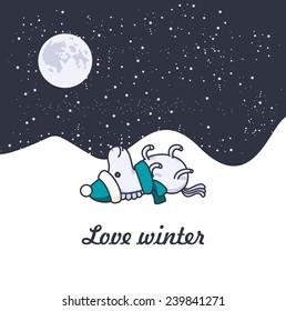 Vector colorful cute wintry card with animal lying on his back under the moon at night. Love winter.