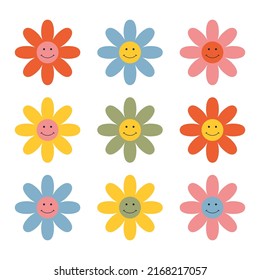 Vector colorful daisy flowers with cartoon funny emoticons faces set. Groovy cute chamomile characters happy emotion flat style. Illustration design for poster, t-shirt, floral postcard 