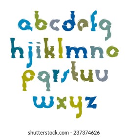 Vector colorful daub hand-painted letters isolated on white background, stroked lowercase art script, acrylic font.