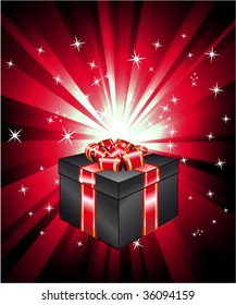 VECTOR Colorful Decorated Three Dimensional Gift Box with an Explosion of Red Ray Lights