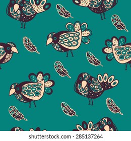 Vector colorful decorative birds seamless pattern with feathers. Hand drawn doodle cute birds seamless.