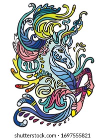 Vector colorful decorative doodle water unicorn. Decorative abstract vector colorful illustration with black contour isolated on white background. Stock illustration for design and tattoo. 