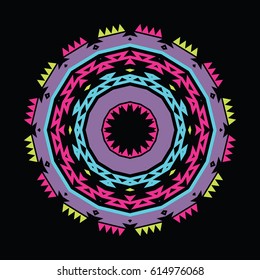 Vector colorful decorative ethnic pattern. Round ornament with geometric elements.