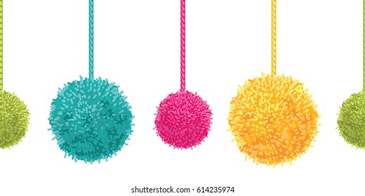 Vector Colorful Decorative Pompoms Big and Small Set With Ropes Horizontal Seamless Repeat Border Pattern. Great for handmade cards, invitations, wallpaper, packaging, nursery designs.