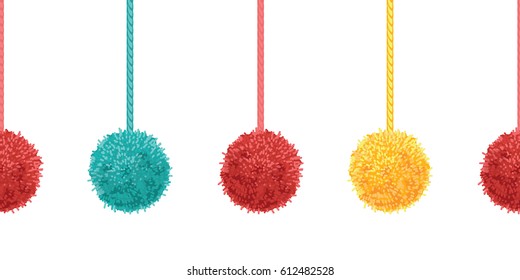 Vector Colorful Decorative Pompoms With Ropes Horizontal Seamless Repeat Border Pattern. Great for handmade cards, invitations, wallpaper, packaging, nursery designs.