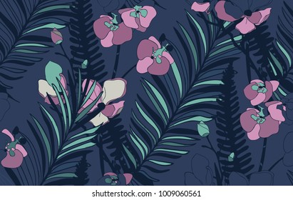 Vector Colorful Decorative Seamless Background Pattern with Drawn Flowers and Leaves, Orchid, Cherry Blossom, Fern Leaf. Hand Drawn. Vector Illustration with Pattern Swatch