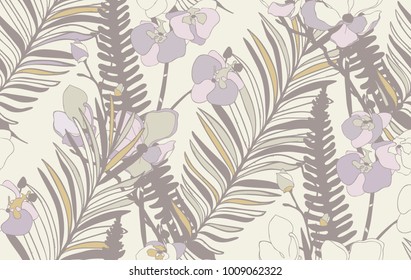 Vector Colorful Decorative Seamless Background Pattern with Drawn Flowers and Leaves, Orchid, Cherry Blossom, Fern Leaf. Hand Drawn. Vector Illustration with Pattern Swatch