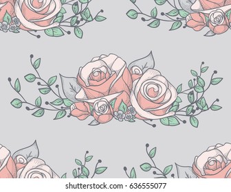 Vector Colorful Decorative Seamless Background Pattern with Drawn Flowers, Roses with Branches. Doodle Style Greenery, Lush Foliage, Foliate. Vector Illustration. Pattern Swatch
