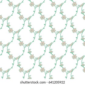 Vector Colorful Decorative Seamless Background Pattern with Drawn Herbs, Plants, Branches. Doodle Style Greenery, Lush Foliage, Foliate. Vector Illustration. Pattern Swatch