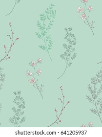 Vector Colorful Decorative Seamless Background Pattern with Drawn Herbs, Plants, Branches. Doodle Style Greenery, Lush Foliage, Foliate. Vector Illustration. Pattern Swatch