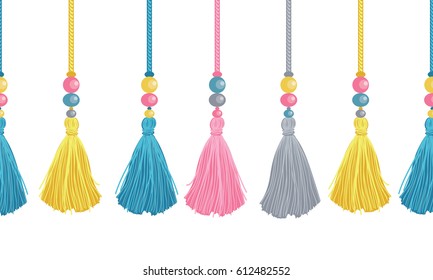 Vector Colorful Decorative Tassels, Beads, And Ropes Horizontal Seamless Repeat Border Pattern. Great for handmade cards, invitations, wallpaper, packaging, nursery designs.