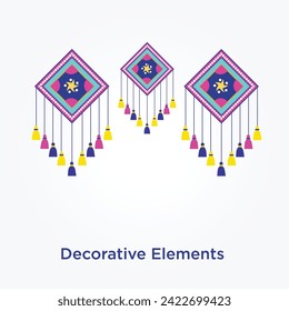 Vector Colorful Decorative Tassels Horizontal Seamless Repeat Border Pattern. Great for handmade cards, invitations, wallpaper, packaging, indian traditional wedding decor, haldi and mehendi decor
