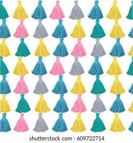 Vector Colorful Decorative Tassels Rows Seamless Repeat Pattern Background. Great for handmade cards, invitations, wallpaper, packaging, nursery designs.