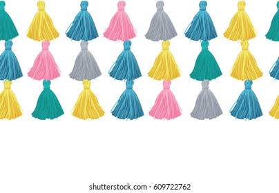 Vector Colorful Decorative Tassels Rows Horizontal Seamless Repeat Border Pattern. Great for handmade cards, invitations, wallpaper, packaging, nursery designs.