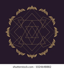 Vector colorful design abstract mandala sacred geometry illustration Seed Flower of life lotus isolated dark brown background.