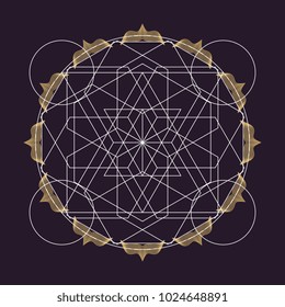 Vector colorful design abstract mandala sacred geometry illustration Seed Flower of life lotus isolated dark brown background.