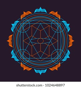Vector colorful design abstract mandala sacred geometry illustration Seed Flower of life lotus isolated dark brown background.