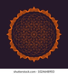 Vector colorful design abstract mandala sacred geometry illustration Seed Flower of life lotus isolated dark brown background.