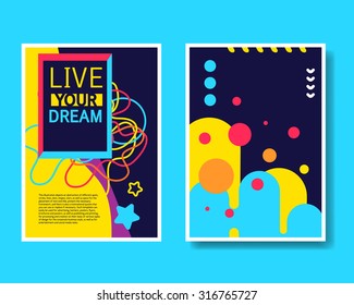 Vector Colorful Design Abstract Modern Style Template Collection for Banner, Flyer, Placard, Brochure and Poster on Blue Background. Front ad Back Side.