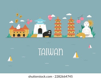 Vector colorful design, banner with icons, famous symbols of Taiwan. Illustration for posters, banners, tour guides, magazines.