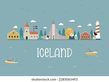 Vector colorful design, banner with icons, famous symbols of Iceland. Illustration for posters, banners, tour guides, magazines.