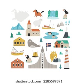 Vector colorful design, banner with icons, famous symbols of Iceland. Illustration for posters, banners, tour guides, magazines.