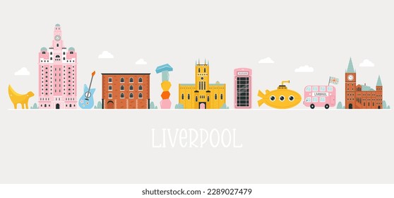 Vector colorful design, banner with icons, famous symbols of Liverpool. Yellow submarine, Liver Royal Building, University of Liverpool, Cathedral