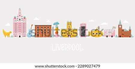 Vector colorful design, banner with icons, famous symbols of Liverpool. Yellow submarine, Liver Royal Building, University of Liverpool, Cathedral