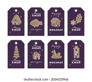 Vector colorful design Christmas gingerbread cookies on dark background. Christmas tags or labels set with typography and colorful icon