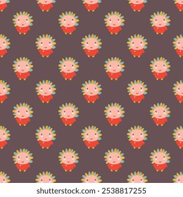 Vector colorful design with cute cartoon style characters. Seamless pattern. 