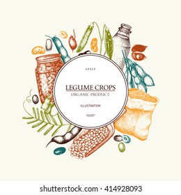 Diseño de color vectorial con bocetos de legumbres dibujadas a mano. Ilustración vintage con productos leguminosos. Planta de alimentos frescos y orgánicos de granja.