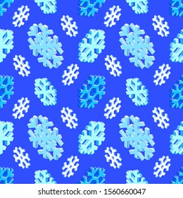 vector colorful design isometric realistic snowflake icons illustration seamless pattern isolated blue background 
