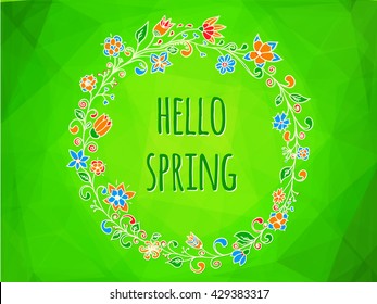 Vector colorful design for spring or summer design for invitation, wedding or greeting cards.Doodle circle frame with flowers. 