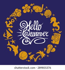 Vector colorful design for summer. For invitation, wedding or greeting cards. Doodle circle frame with text on a dark blue background.