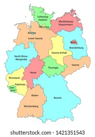 Vector colorful detailed map of Germany with names of the federal states isolated on white background