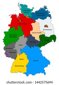 Vector colorful detailed map of Germany with individual Federal States and their names on white background